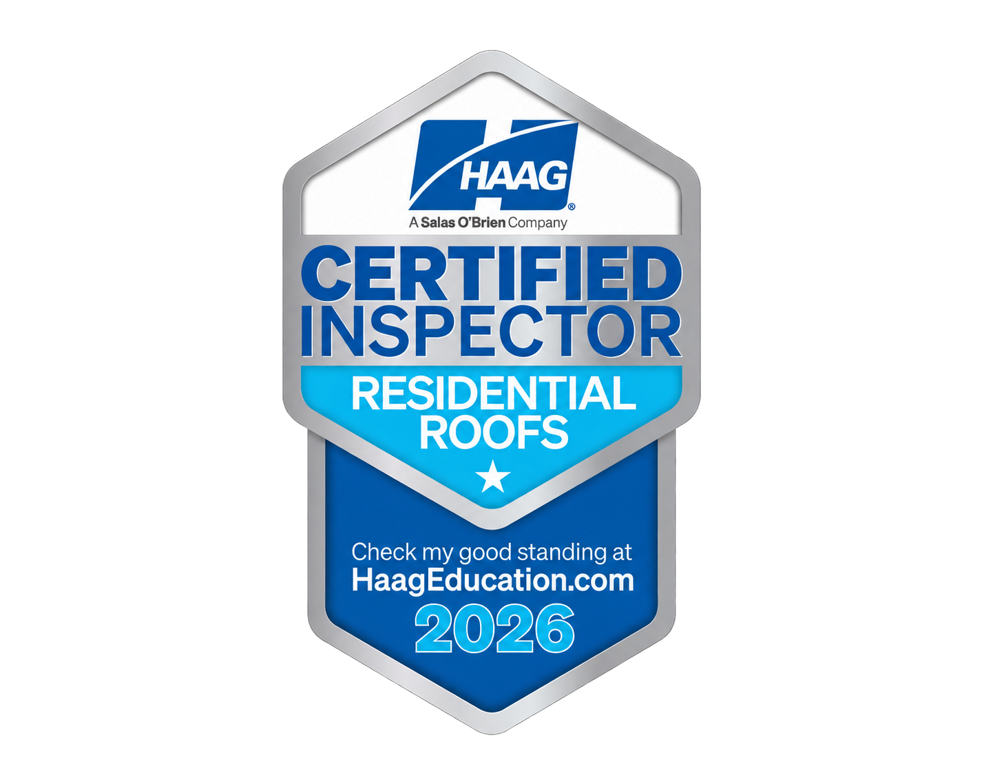 Official HAAG Certified Inspector Residential Roofs 2026 badge