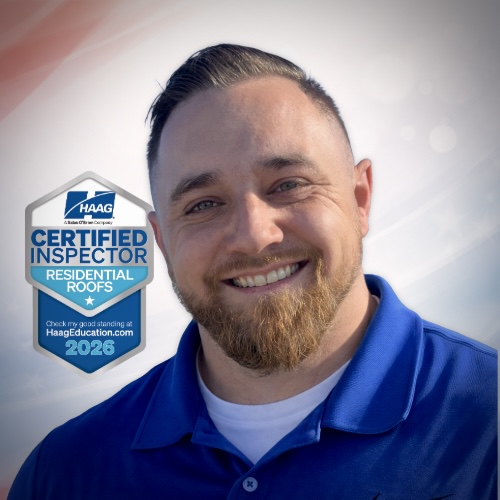 Kevin Herrera, smiling in a blue polo, with his HAAG Residential Roofs 2026 certification badge